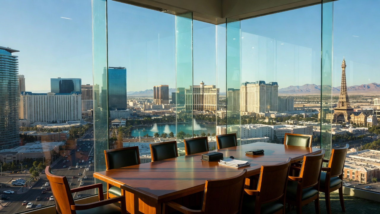 Las Vegas real estate attorney office with panoramic floor-to-ceiling windows overlooking the Las Vegas Strip skyline, featuring iconic casino resorts and city lights