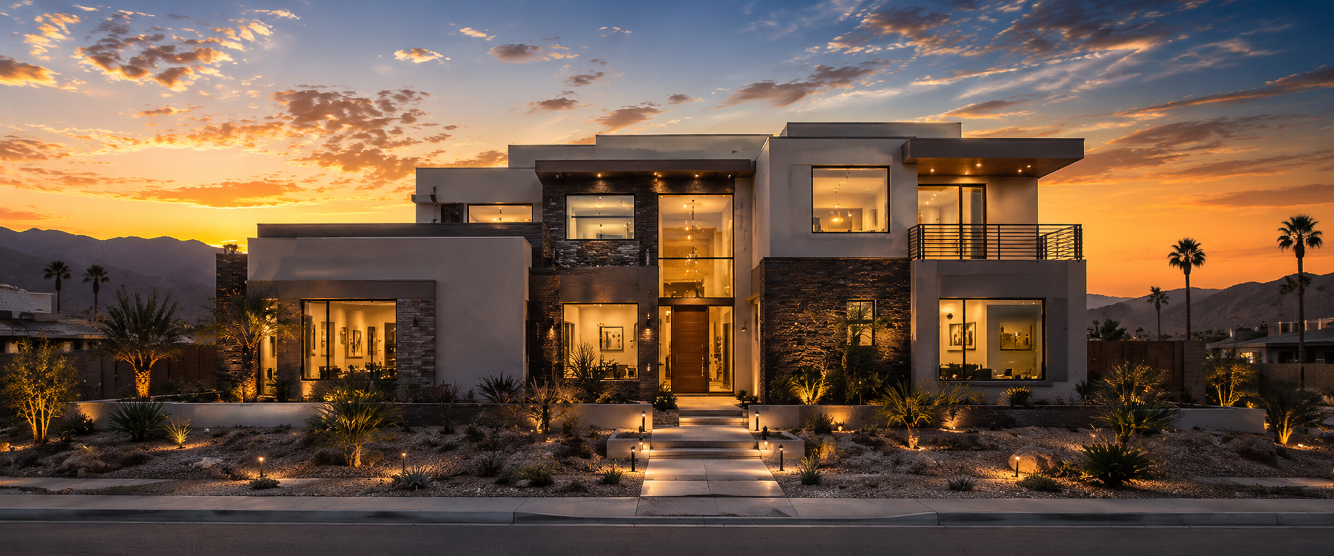 New construction modern home in a Las Vegas community at golden hour with desert landscaping