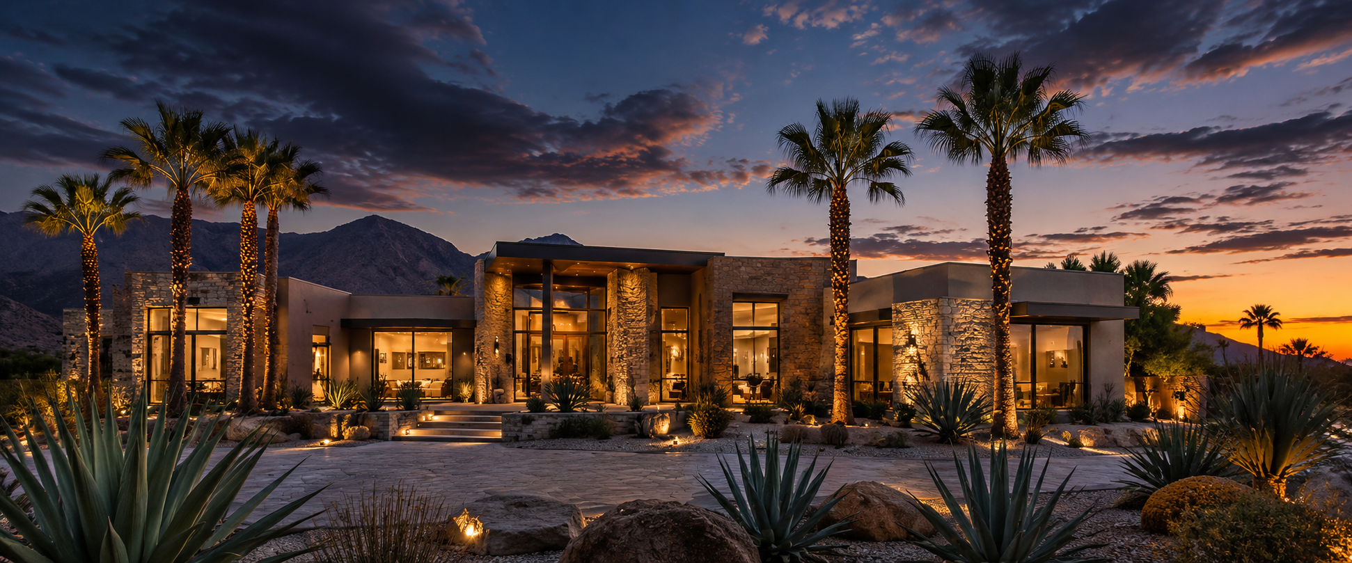 Luxury Las Vegas home exterior at dusk with desert landscaping and mountain views