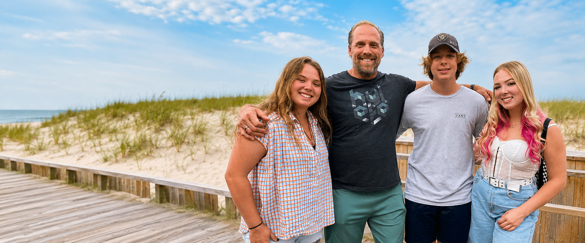Billy O'Keefe with his four kids on a boardwalk